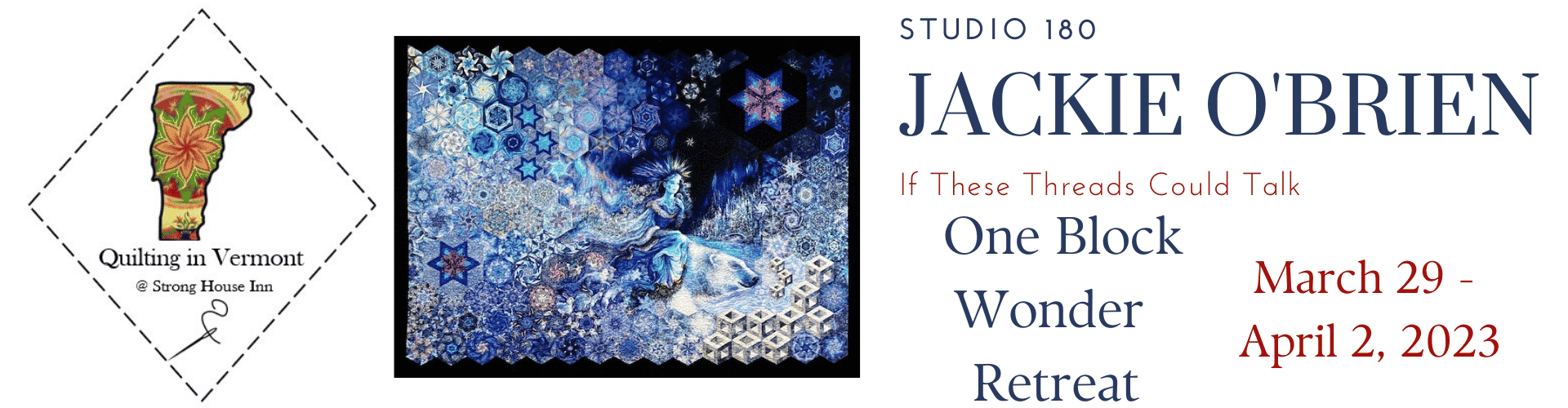 Blog title for Jackie O'Brien Retreat with blues quilt