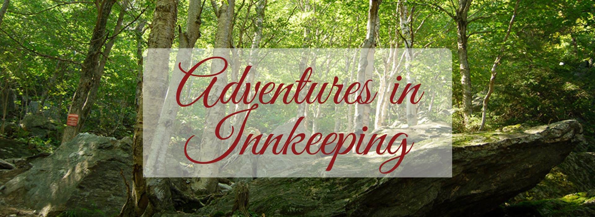 Red overlay text stating Adventures in Innkeeping with large green trees and rocks in the background