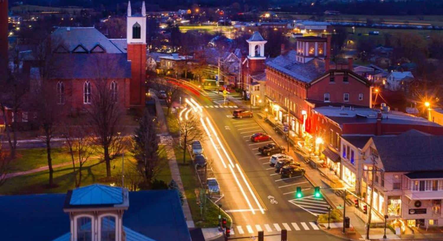 Aerial view of a quaint downtown shopping area at night