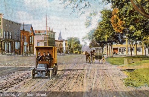 Vintage painting of a main street with an old-time truck and horse-drawn carriage between buildings and a park.