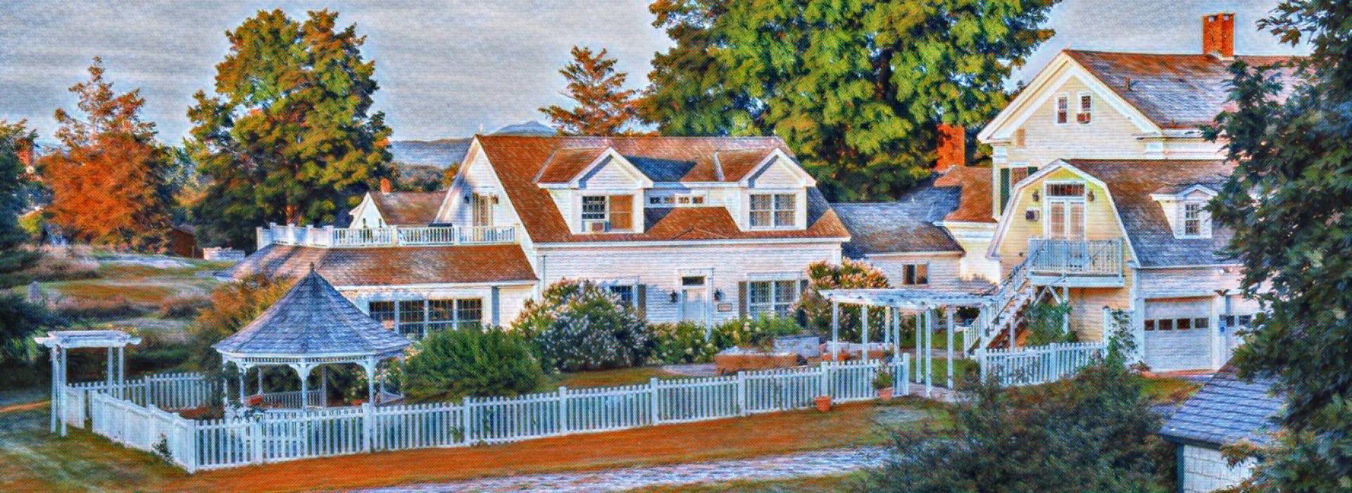 Painting of a large white house with a brown roof, two wings, a carriage house, a gazebo and a white picket fence, surrounded by green trees.