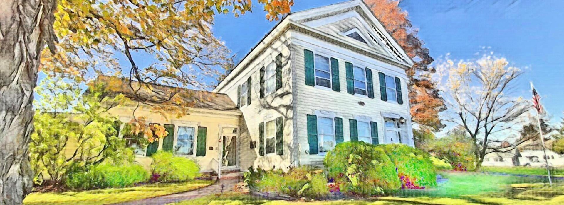 Painting of a large white house with green shutters set into a lovely yard with summer foliage.