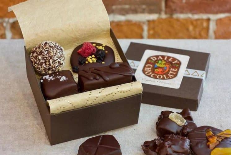 Brown candy box from Daily Chocolate containing various luscious candies.