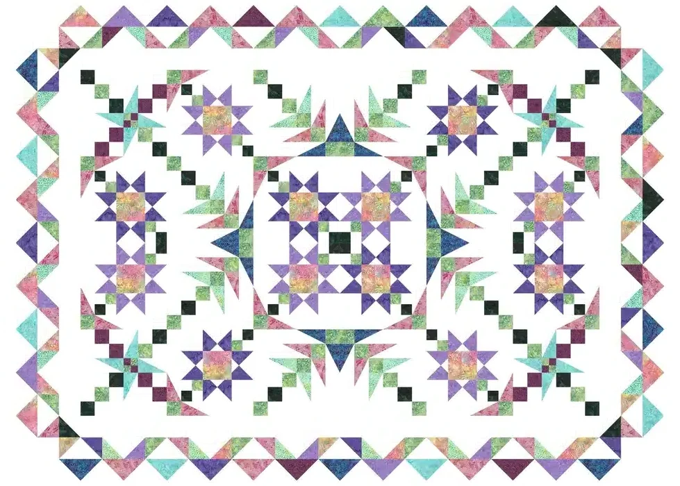A Walk in the Park Quilt in purples, greens, and blues on a white background