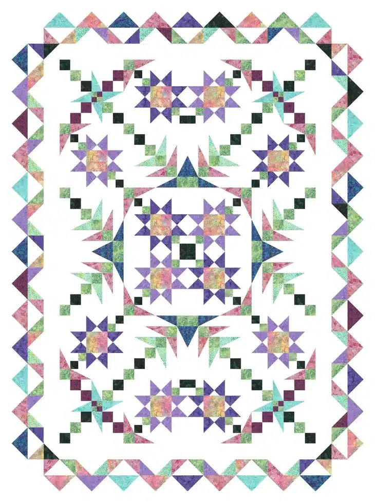 A Walk in the Park Quilt in purples, greens, and blues on a white background